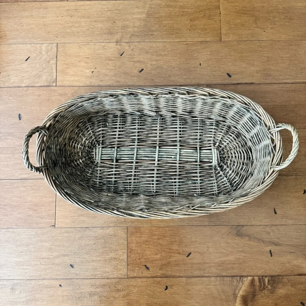 Vintage woven oval basket with handles cottage core pottery barn style